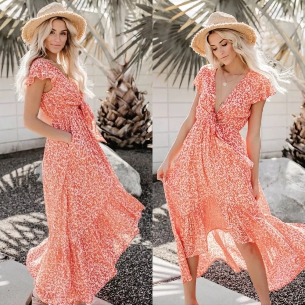 Vici kissed by the sun high low pocketed tie maxi dress orange floral print